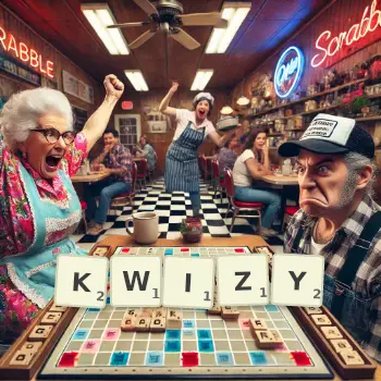 Kreatywna ilustracja do gry w Scrabble ze słowem KWIZY ułożonym z płytek na planszy.