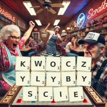 Kreatywna ilustracja do gry w Scrabble ze słowem KWOCZYLYBYSCIE ułożonym z płytek na planszy.