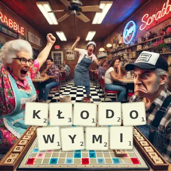 Kreatywna ilustracja do gry w Scrabble ze słowem KŁODOWYMI ułożonym z płytek na planszy.