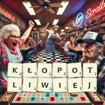 Kreatywna ilustracja do gry w Scrabble ze słowem KŁOPOTLIWIEJ ułożonym z płytek na planszy.
