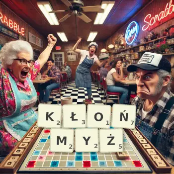 Kreatywna ilustracja do gry w Scrabble ze słowem KŁOŃMYŻ ułożonym z płytek na planszy.