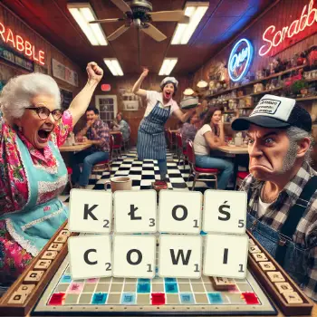 Kreatywna ilustracja do gry w Scrabble ze słowem KŁOŚCOWI ułożonym z płytek na planszy.