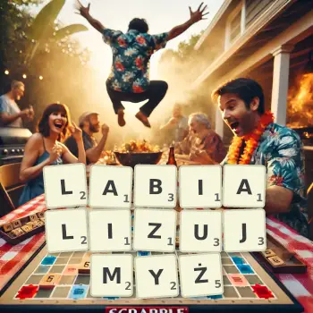 Kreatywna ilustracja do gry w Scrabble ze słowem LABIALIZUJMYŻ ułożonym z płytek na planszy.