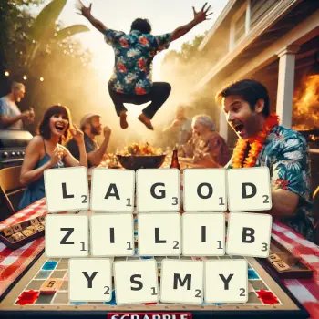 Kreatywna ilustracja do gry w Scrabble ze słowem LAGODZILIBYSMY ułożonym z płytek na planszy.