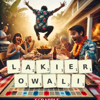 Kreatywna ilustracja do gry w Scrabble ze słowem LAKIEROWALI ułożonym z płytek na planszy.