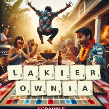 Kreatywna ilustracja do gry w Scrabble ze słowem LAKIEROWNIA ułożonym z płytek na planszy.