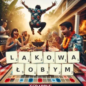 Kreatywna ilustracja do gry w Scrabble ze słowem LAKOWAŁOBYM ułożonym z płytek na planszy.