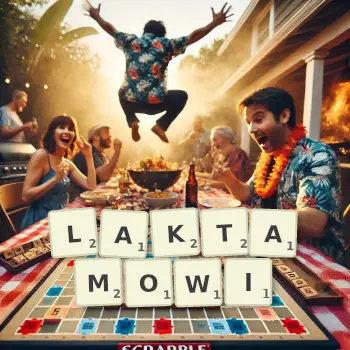 Kreatywna ilustracja do gry w Scrabble ze słowem LAKTAMOWI ułożonym z płytek na planszy.