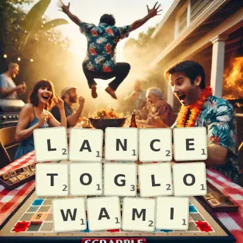 Kreatywna ilustracja do gry w Scrabble ze słowem LANCETOGLOWAMI ułożonym z płytek na planszy.