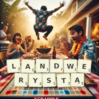 Kreatywna ilustracja do gry w Scrabble ze słowem LANDWERYSTĄ ułożonym z płytek na planszy.