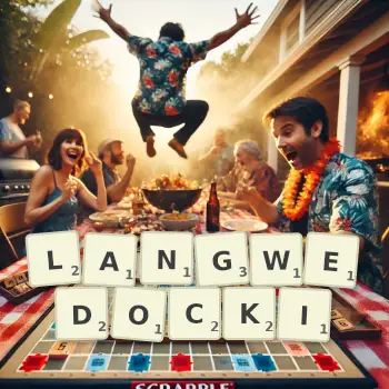 Kreatywna ilustracja do gry w Scrabble ze słowem LANGWEDOCKI ułożonym z płytek na planszy.