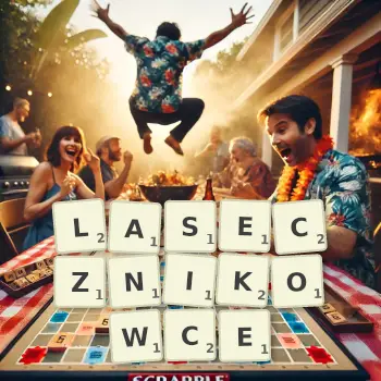 Kreatywna ilustracja do gry w Scrabble ze słowem LASECZNIKOWCE ułożonym z płytek na planszy.