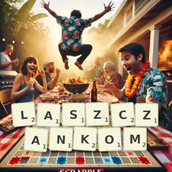 Kreatywna ilustracja do gry w Scrabble ze słowem LASZCZANKOM ułożonym z płytek na planszy.
