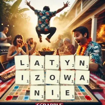 Kreatywna ilustracja do gry w Scrabble ze słowem LATYNIZOWANIE ułożonym z płytek na planszy.