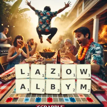 Kreatywna ilustracja do gry w Scrabble ze słowem LAZOWALBYM ułożonym z płytek na planszy.