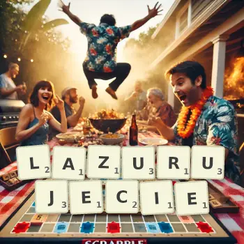 Kreatywna ilustracja do gry w Scrabble ze słowem LAZURUJECIE ułożonym z płytek na planszy.