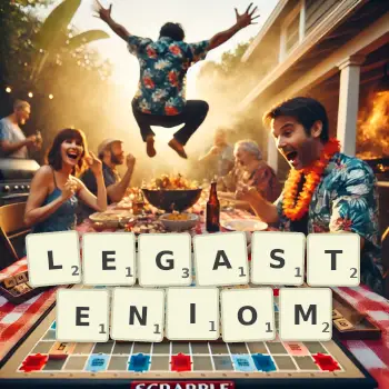 Kreatywna ilustracja do gry w Scrabble ze słowem LEGASTENIOM ułożonym z płytek na planszy.