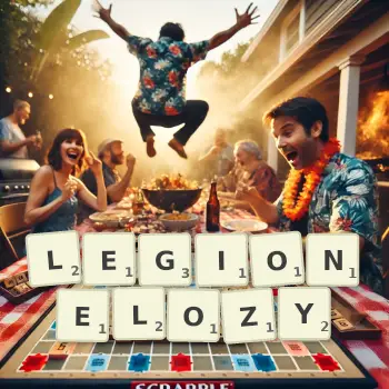Kreatywna ilustracja do gry w Scrabble ze słowem LEGIONELOZY ułożonym z płytek na planszy.