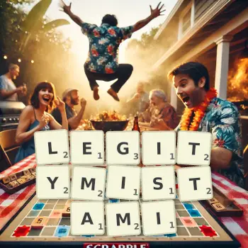 Kreatywna ilustracja do gry w Scrabble ze słowem LEGITYMISTAMI ułożonym z płytek na planszy.