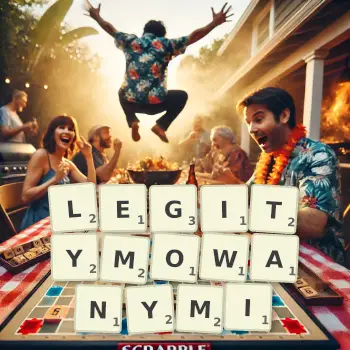 Kreatywna ilustracja do gry w Scrabble ze słowem LEGITYMOWANYMI ułożonym z płytek na planszy.