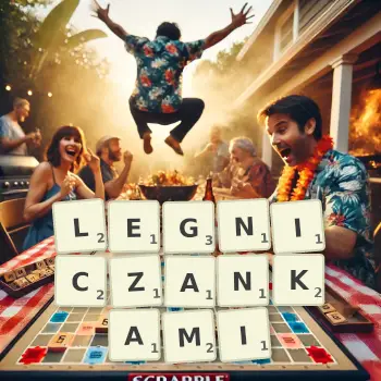 Kreatywna ilustracja do gry w Scrabble ze słowem LEGNICZANKAMI ułożonym z płytek na planszy.