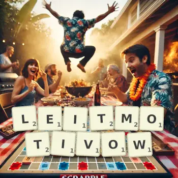 Kreatywna ilustracja do gry w Scrabble ze słowem LEITMOTIVOW ułożonym z płytek na planszy.