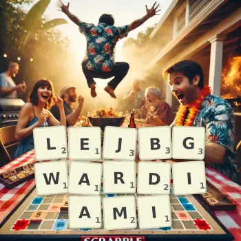 Kreatywna ilustracja do gry w Scrabble ze słowem LEJBGWARDIAMI ułożonym z płytek na planszy.