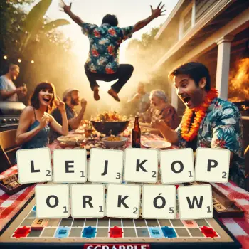 Kreatywna ilustracja do gry w Scrabble ze słowem LEJKOPORKÓW ułożonym z płytek na planszy.
