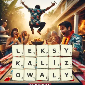 Kreatywna ilustracja do gry w Scrabble ze słowem LEKSYKALIZOWALY ułożonym z płytek na planszy.