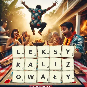 Kreatywna ilustracja do gry w Scrabble ze słowem LEKSYKALIZOWAŁY ułożonym z płytek na planszy.