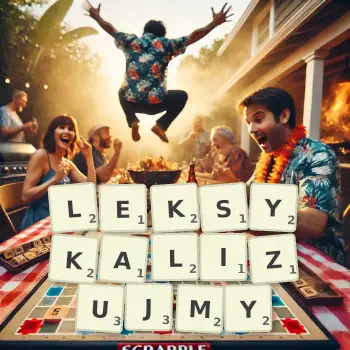 Kreatywna ilustracja do gry w Scrabble ze słowem LEKSYKALIZUJMY ułożonym z płytek na planszy.