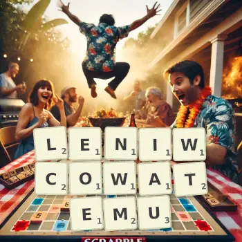 Kreatywna ilustracja do gry w Scrabble ze słowem LENIWCOWATEMU ułożonym z płytek na planszy.