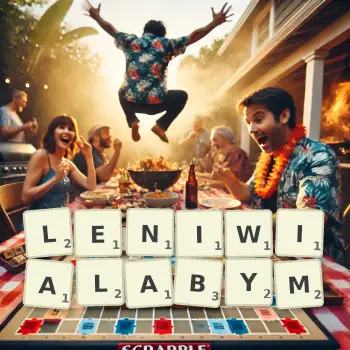 Kreatywna ilustracja do gry w Scrabble ze słowem LENIWIALABYM ułożonym z płytek na planszy.