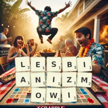 Kreatywna ilustracja do gry w Scrabble ze słowem LESBIANIZMOWI ułożonym z płytek na planszy.