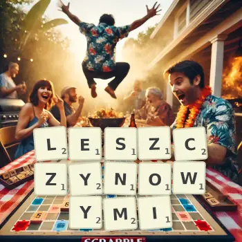 Kreatywna ilustracja do gry w Scrabble ze słowem LESZCZYNOWYMI ułożonym z płytek na planszy.