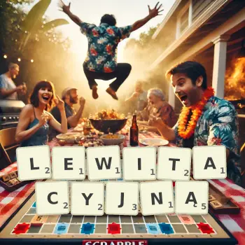 Kreatywna ilustracja do gry w Scrabble ze słowem LEWITACYJNĄ ułożonym z płytek na planszy.