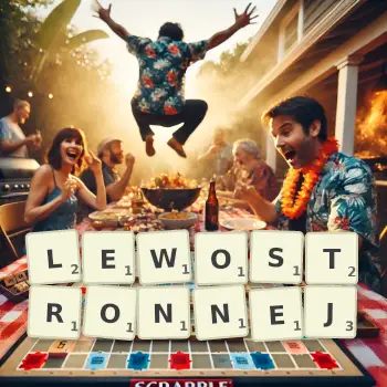 Kreatywna ilustracja do gry w Scrabble ze słowem LEWOSTRONNEJ ułożonym z płytek na planszy.