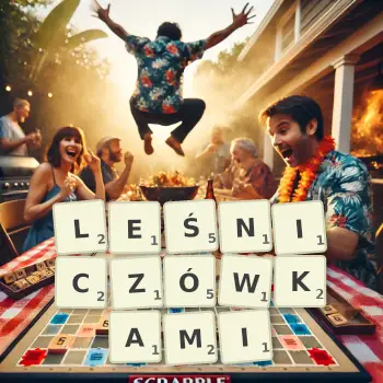 Kreatywna ilustracja do gry w Scrabble ze słowem LEŚNICZÓWKAMI ułożonym z płytek na planszy.