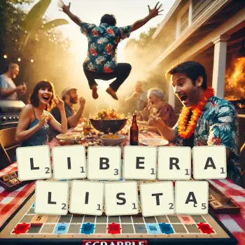 Kreatywna ilustracja do gry w Scrabble ze słowem LIBERALISTĄ ułożonym z płytek na planszy.
