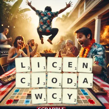 Kreatywna ilustracja do gry w Scrabble ze słowem LICENCJODAWCY ułożonym z płytek na planszy.