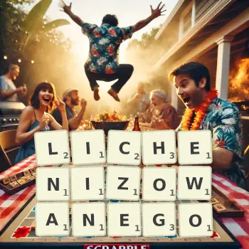 Kreatywna ilustracja do gry w Scrabble ze słowem LICHENIZOWANEGO ułożonym z płytek na planszy.