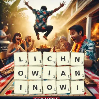 Kreatywna ilustracja do gry w Scrabble ze słowem LICHNOWIANINOWI ułożonym z płytek na planszy.