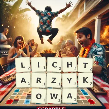 Kreatywna ilustracja do gry w Scrabble ze słowem LICHTARZYKOWA ułożonym z płytek na planszy.