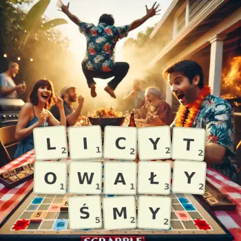 Kreatywna ilustracja do gry w Scrabble ze słowem LICYTOWAŁYŚMY ułożonym z płytek na planszy.