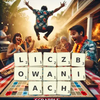 Kreatywna ilustracja do gry w Scrabble ze słowem LICZBOWANIACH ułożonym z płytek na planszy.