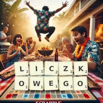 Kreatywna ilustracja do gry w Scrabble ze słowem LICZKOWEGO ułożonym z płytek na planszy.