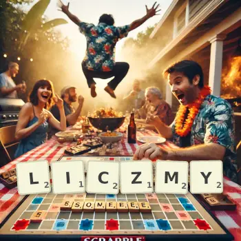 Kreatywna ilustracja do gry w Scrabble ze słowem LICZMY ułożonym z płytek na planszy.