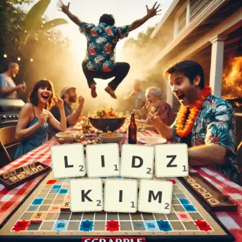 Kreatywna ilustracja do gry w Scrabble ze słowem LIDZKIM ułożonym z płytek na planszy.