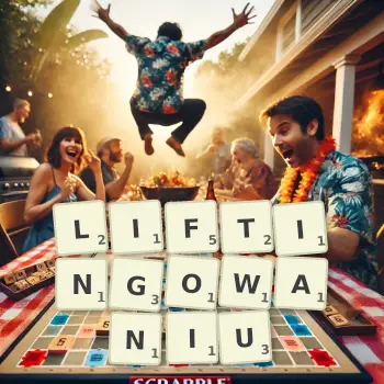 Kreatywna ilustracja do gry w Scrabble ze słowem LIFTINGOWANIU ułożonym z płytek na planszy.