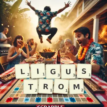 Kreatywna ilustracja do gry w Scrabble ze słowem LIGUSTROM ułożonym z płytek na planszy.